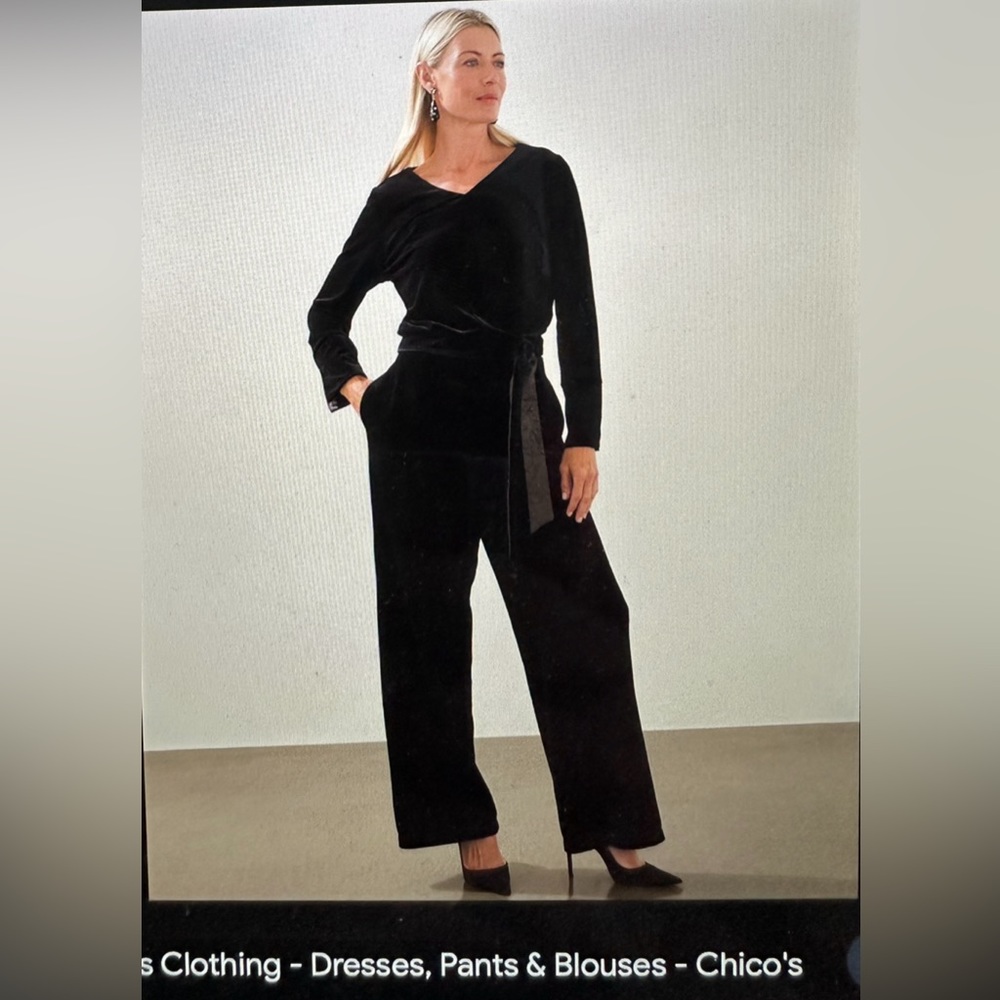 Chicos size 4 black velvet jumpsuit. Perfect for the holidays!!
